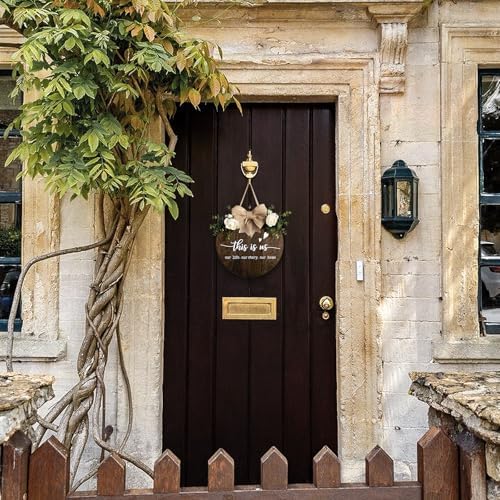 This is Us Welcome Sign Rustic Round Wood Door Decor with Ribbon Bow and Artificial Greenery