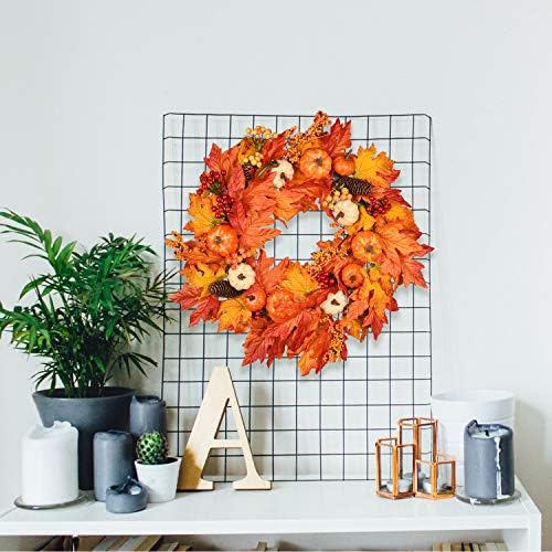 DearHouse 22 Inch Fall Wreath with Pumpkins and Maple Leaves
