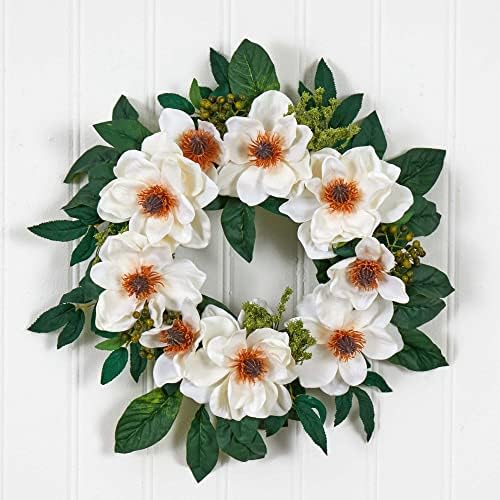 Nearly Natural 22in Magnolia Wreath White