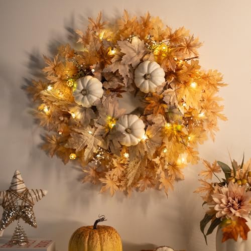 26 Inch Fall Wreath with Lights for Front Door
