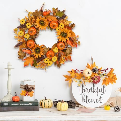 24 Inch Fall Wreath for Front Door Pumpkin Autumn Decor with Silk Leaves