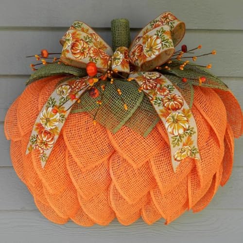 Autumn Burlap Pumpkin Wreath - Farmhouse Fall Decor with Berry Accents