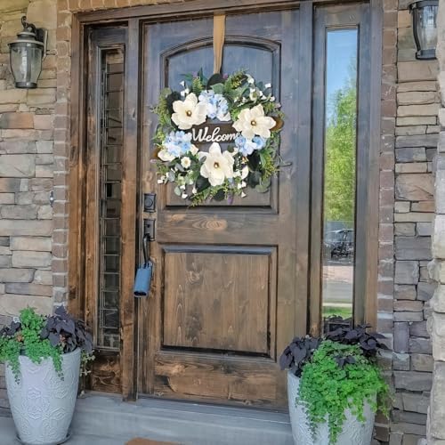 24 Inch Artificial White Magnolia Wreath for Front Door