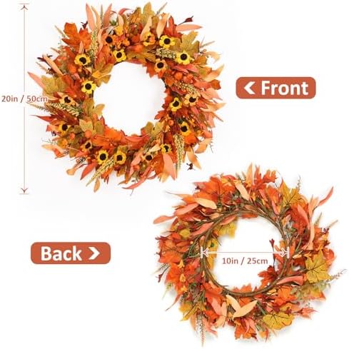 KHOYIME 20 Inch Artificial Autumn Wreath for Front Door