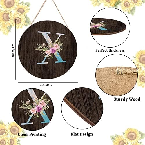 Farmhouse Front Door Hanger Blue Marble Floral Initial Letter X Wood Sign