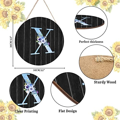 Farmhouse Front Door Hanger Watercolor Blue Floral Letter X Wood Sign