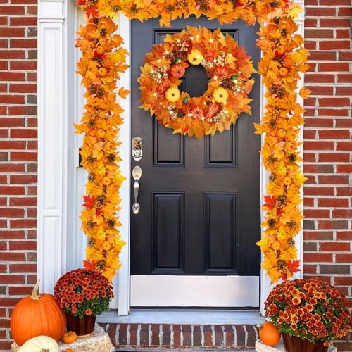 20 Inch Autumn Front Door Wreath with Lights