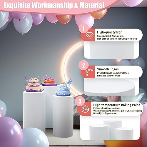 3 Pcs Round Cylinder Pedestal Stand for Wedding Party Display Decor White