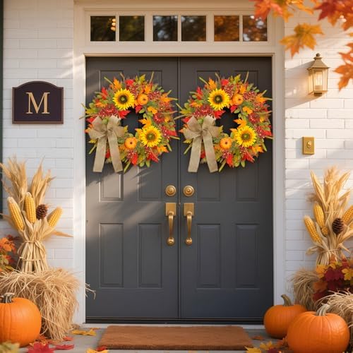 24-26 Inch Fall Wreath with Sunflowers Pumpkins Bows and Berries