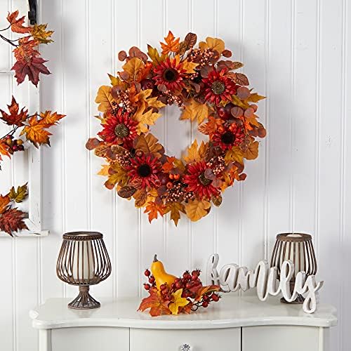 Nearly Natural 30in Fall Wreath with Acorns Sunflowers Berries