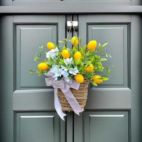153inch Lemon Door Wreath with Blue Flowers and Polka Dot Bow