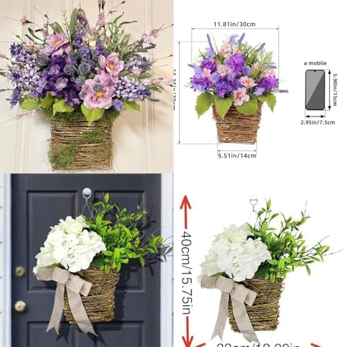 Cream Hydrangea Door Wreath with Rattan Basket and Burlap Bow
