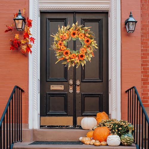 Sggvecsy 24 Inch Fall Wreath with Pumpkins and Sunflowers