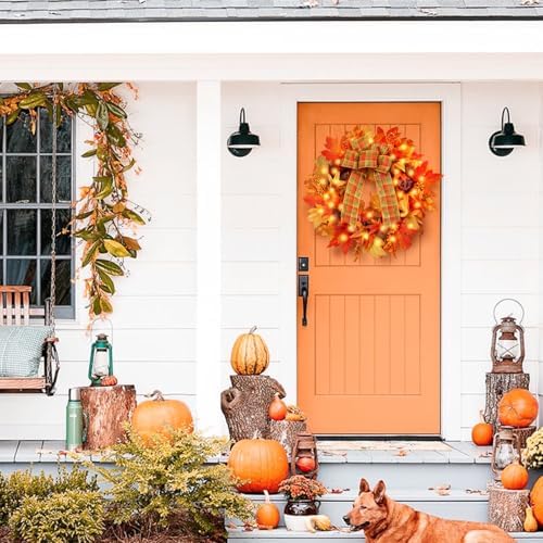 Heflashor 24 Inch Fall Door Wreath with Lights
