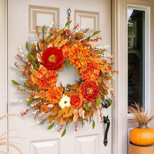 ICX 24-26 Inch Fall Wreath with Pumpkin Peonies Hydrangea