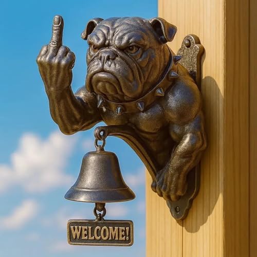 Funny Bulldog Doorbell with Middle FingerWelcoming DecorHome AccentHanging OrnamentRustic Iron Design