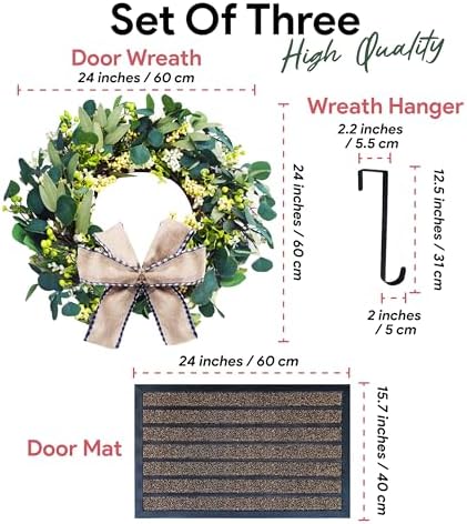 Artificial Eucalyptus Wreath with Doormat and Hanger - 24 Inch All Season Front Door Wreath