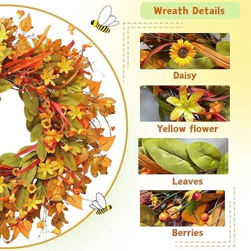 24 Inch Fall Wreath Front Door Decor with Berries and Leaves
