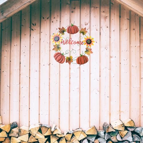 YUMBOR Metal Fall Pumpkin Welcome Wreath Front Door Decor