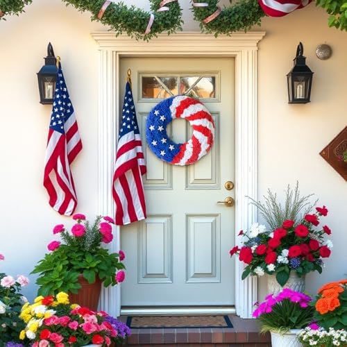 16 Inch Patriotic Wreath Flag Decor Red White Blue