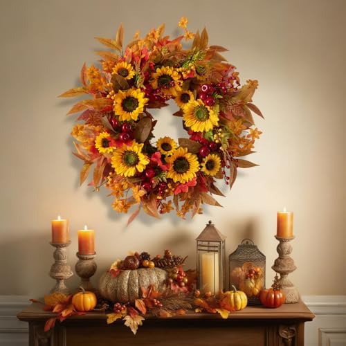24 Inch Fall Wreath for Front Door - Autumn Decor with Sunflower Berries and Maple Leaves
