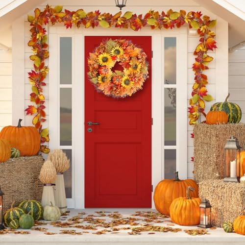 Fall Wreath with Pumpkins and Sunflowers 22 Inch Decor for Front Door