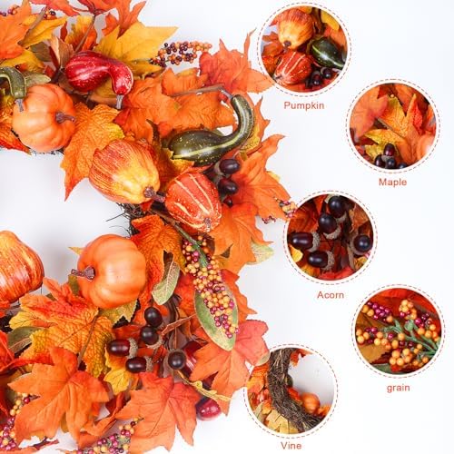 24 Inch Artificial Fall Wreath for Front Door Decor