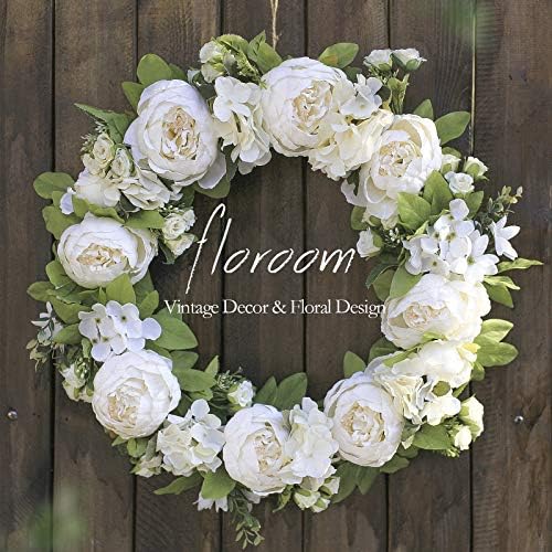 Floroom White Peony Hydrangea Wreath 20 Inch Wedding Decor