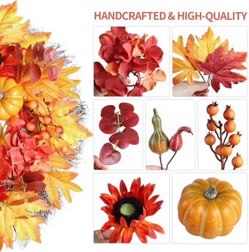 23 Inch Fall Wreath with Pumpkins Sunflowers Daisies and Maple Leaves