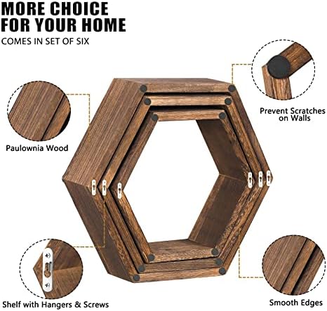 Novimango Hexagon Floating Shelves Set of 6 Rustic Brown