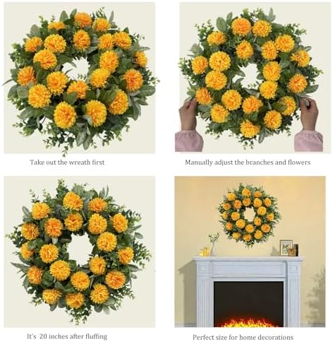 20 Inch Spring Wreath with Orange Flowers and Greenery for Front Door Decor