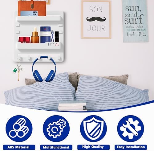 Epritliber Floating Bedside Shelf Organizer - 5 Hooks and Cable Clips - 9x94 Inch - White