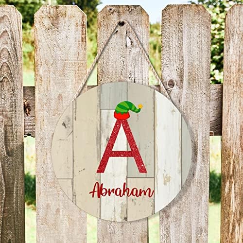 Farmhouse Door Hanger with Christmas Elf Hat Initial Wood Sign