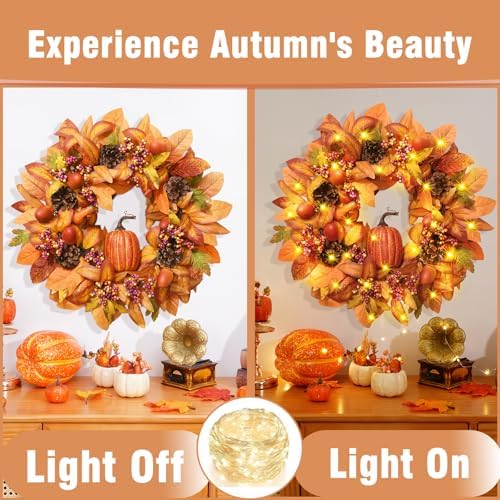 Fall Wreath with Light - 18 Inch Autumn Decor for Front Door