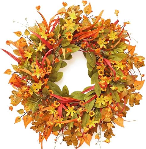 24 Inch Fall Wreath Front Door Decor with Berries and Leaves