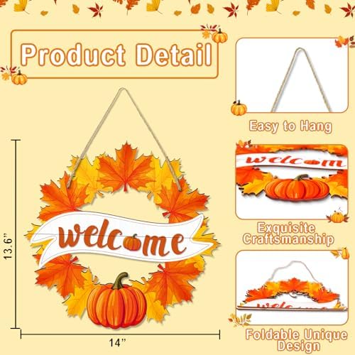 Fall Wreath for Front Door Decor Foldable Welcome Sign Autumn Thanksgiving Harvest Hanging Decoration