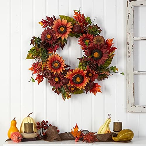 Nearly Natural 24in Autumn Fall Wreath with Sunflowers Pumpkins and Berries