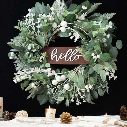 Soomeir 24 Inch Winter Door Wreath with Snow Leaves and Pine Needles