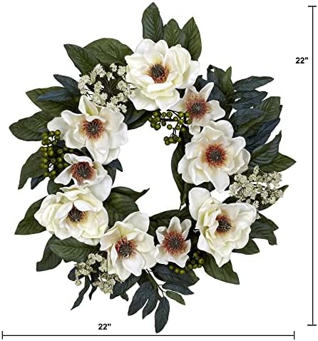 Nearly Natural 22in Magnolia Wreath White