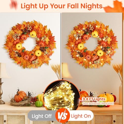 20 Inch Autumn Front Door Wreath with Lights
