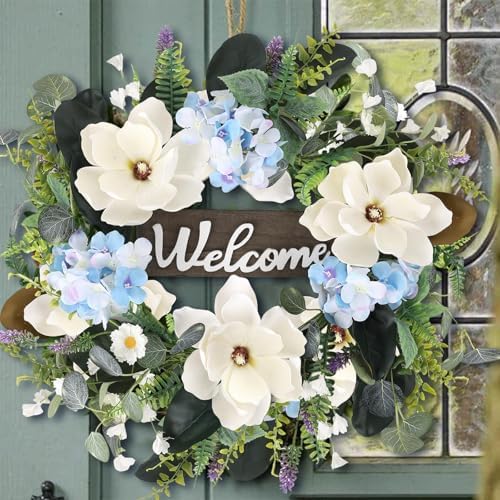24 Inch Artificial White Magnolia Wreath for Front Door