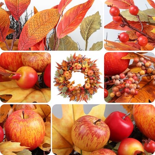 Fall Wreath for Front Door - 22 Inch Autumn Harvest Decor with Realistic Apples Berries Pomegranates and Maple Leaves