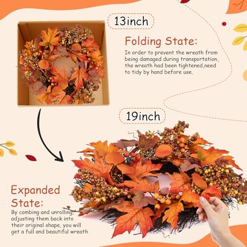 Artificial Fall Wreath for Front Door 19 Inch