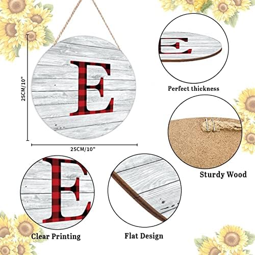 Farmhouse Door Hanger Red Black Buffalo Plaid Alphabet E Wood Sign 10x10in