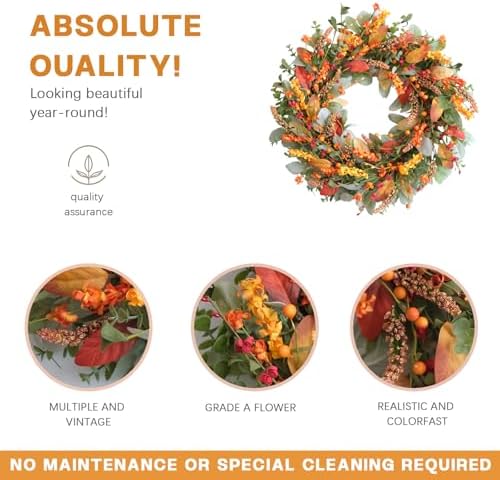 TEMPUS 22 Inch Artificial Fall Wreath for Front Door