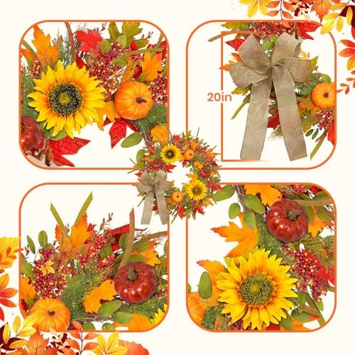 24-26 Inch Fall Wreath with Sunflowers Pumpkins Bows and Berries