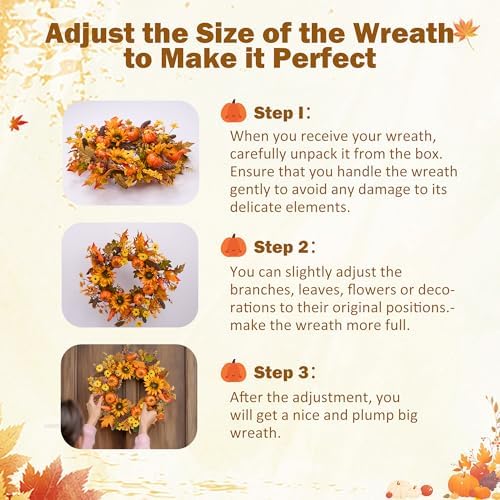 24 Inch Fall Wreath for Front Door Pumpkin Autumn Decor with Silk Leaves