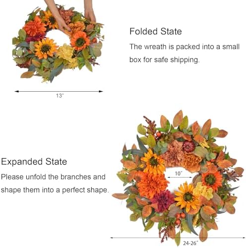 24-26 Inch Fall Wreath with Orange Artificial Pumpkin for Autumn Front Door Decor