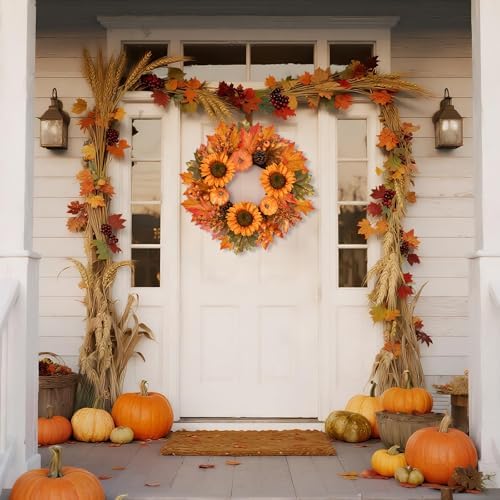 Fall Wreath Front Door 19 Inch Autumn Decor
