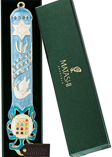 Matashi Blue Dove Mezuzah with Gold Accents and Crystals Door Decor